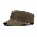 Vintage olive green cotton military flat top hat featuring side Gothic letter B embroidery - Army Green