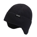 Thick navy knit beanie with ear flaps and SPORT label for winter warmth and outdoor sports - Dark Gray