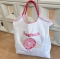 White nylon tote bag with pink doughnut embroidery and woven handles - White Dreamy Donut