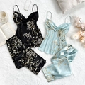 Women silk satin pajama set featuring floral print camisole and matching long trousers - S / Black + Light Green Cherry