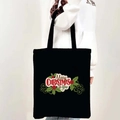 Black Merry Christmas canvas tote bag with festive holly leaves and shoulder strap - Style 08-Christmas Green Leaves Red Letter