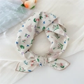 Floral cotton linen square scarf with cute pink rabbit print in a beige bow style - Rabbit Shadow Milan Beige