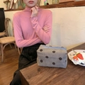 Macro detail of grey corduroy makeup bag with dark brown polka dots and blue zipper - L / Grey Polka Dot