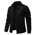 Close-up of black suede jacket featuring stand collar with metal snap buttons and zipper - 2XL / Black
