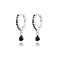 Macro detail of S925 sterling silver stamp and black teardrop crystal on hoop earrings - Silver-Black Zirconia