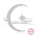Adjustable S925 sterling silver ring with moon star shapes and clear zircon stones - Adjustable Open / Silver/Moon Star Style