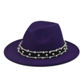 Detailed view of dark purple felt fedora hat featuring elegant white pearl embellishments - Purple Fedora with Pearl Chain