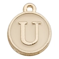 Golden alphabet U round pendant with cream enamel finish and metal hanging loop - Letter U / 1 Piece (12x14mm) / Champagne