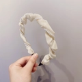 Cream pleated fabric headband with faux pearls and gold chain weaving details - 220405 Wrapped Beige