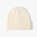 Thick jacquard cable knit beanie in beige with a wide fold-over ribbed cuff style - White (25B506)