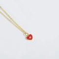 Collier en or vintage français avec pendentif cœur en émail rouge et petit zircon - Rouge