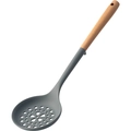 Grey food grade silicone slotted spoon with natural wooden handle and hanging hole - Deep Gray Slotted Spoon (with Stand)