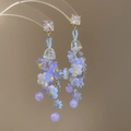 Close-up of floral crystal tassel earrings with purple beads and shiny clear crystals - 72# 925 Sterling Silver Earring Post-Gold Blue-Zircon Beaded (HE24970)