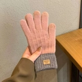 Pink and grey winter knit gloves with fleece lining and touchscreen capability - Full Finger Style / Pink