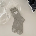 Light gray crew socks with heart lace patch and sweet embroidery in ballet core style - One Size / Mesh Grey