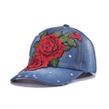 Blue denim baseball cap with 3D red rose embroidery and silver stud accents - Red Rose 3D Embroidery (Medium Blue)