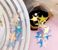 Iridescent star dangle earrings with white pearls and gold chains on pink background - Iridescent Pentagram Sequin (35# Earring Post)