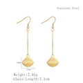 Golden stainless steel long chain earrings featuring shell pendant with dimension labels - Gold (LE3119)