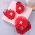 Detail of red baby shoes and lace headband set with mesh flowers and silver star sequins - Style 13 (Red Sequin Star/Red Lace)
