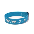 Detailed view of blue woven WWJD bracelet with white embroidery and black plastic buckle - Sky Blue Printed
