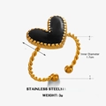 18K vergoldeter Edelstahlring mit schwarzem Emaille-Herz im Seil-Design für Damen - Schwarz