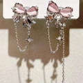Elegant silver butterfly ear clips with pink cat-eye stone and star tassel charms - Pink Cat's Eye Stone Bowknot Tassel Ear Clip (1079 Ear Clip)