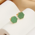 Elegant 18k gold plated hexagonal stud earrings with green zircon stones on white display - Gold Hexagon Green Zirconia