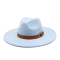 Classic light blue wool fedora hat with a flat wide brim and brown leather band - M (56-58cm) / Sky Blue