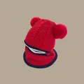 Red winter knit hat and scarf set for children with navy stripes and cute twin pom-poms - Red Double-sided Pom-pom Hat (for Ages 2-6)