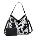 Vintage cow print tote bag with multiple zippers, tassel charm and black small pouch - Set Black Cow Print