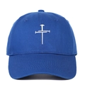 Close-up of silver nail cross embroidery on high-quality navy blue cotton baseball cap - Adjustable / Blue