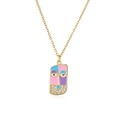 Macro detail of gold plated necklace featuring colorful enamel portrait pendant with zircons - Pink Purple Face Pendant