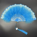 Elegant blue feather folding fan with gold lace trim and matching blue tassel pendant - Bronzing Feather Fan Lake Blue