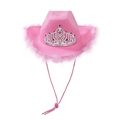 Sombrero vaquero rosa con borde de plumas suaves y corona de piedras preciosas brillantes - Adulto 58CM / Pluma rosa