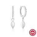 Elegant S925 sterling silver pearl hoop earrings with sparkling cubic zirconia accents - Style #1 / White Gold