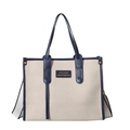 Beige Canvas-Tragetasche mit dunkelblauen Kunstlederbesätzen und Griffen - Blau Groß