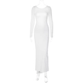 Detail of white long-sleeved slimming maxi dress with elegant backless pleated design - S / White