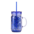 Blue double-wall mason jar cup with handle, glitter filling and matching straw - Transparent Glitter Blue