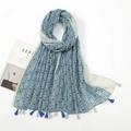 Close-up detail of lightweight floral cotton linen scarf with blue decorative tassels - Xb776 / 180*90CM