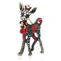 Detailed view of vintage gold reindeer brooch with red and green rhinestones and crown - BR1340 Red Green Antique Gold Deer