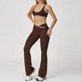 Brown high-waisted yoga set with white trim, V-neck sports bra and flared leggings - S / Top And Bottom / Dark Coffee (Bra + Flare Pants)