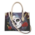 Sugar skull floral print tote bag with purple hair girl art and white straps - Blue-Purple Hair Skull Girl Rose Bullet - Off-White Strap