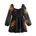 Black floral organza mini dress with square neckline and sheer long puff sleeves - XS / Black