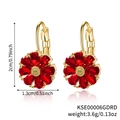 Golden flower earrings with red cubic zirconia drop shaped petals and center pistil - Gold Red Flower