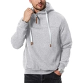 Detail of grey men's hoodie showing half-zip collar, drawstring with brown leather tips - S / Tops / Light Gray