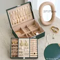 Retro green PU leather jewelry organizer box with double-layer storage and mirror - Vintage Green (Glossy PU) / 23x17x8cm