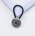Western retro black elastic hair tie featuring a vintage silver floral turquoise buckle - Flower-Black