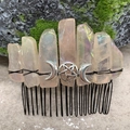 Handmade aurora quartz crystal hair comb with metallic crescent moon and star charm - Aura Rose Quartz Black Wire Silver Moon