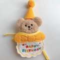 Detailed view of plush teddy bear with Happy Birthday embroidery and a yellow party hat - 11cm x 13cm / Yellow Bib + Hat