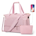 Pink waterproof fitness travel duffel bag with USB port and matching small pouch - Pink